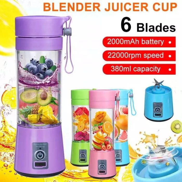 USB Chargeable Juicer Blender 6 Blades 380ml Fruit Vegetable Blender (Random Color)